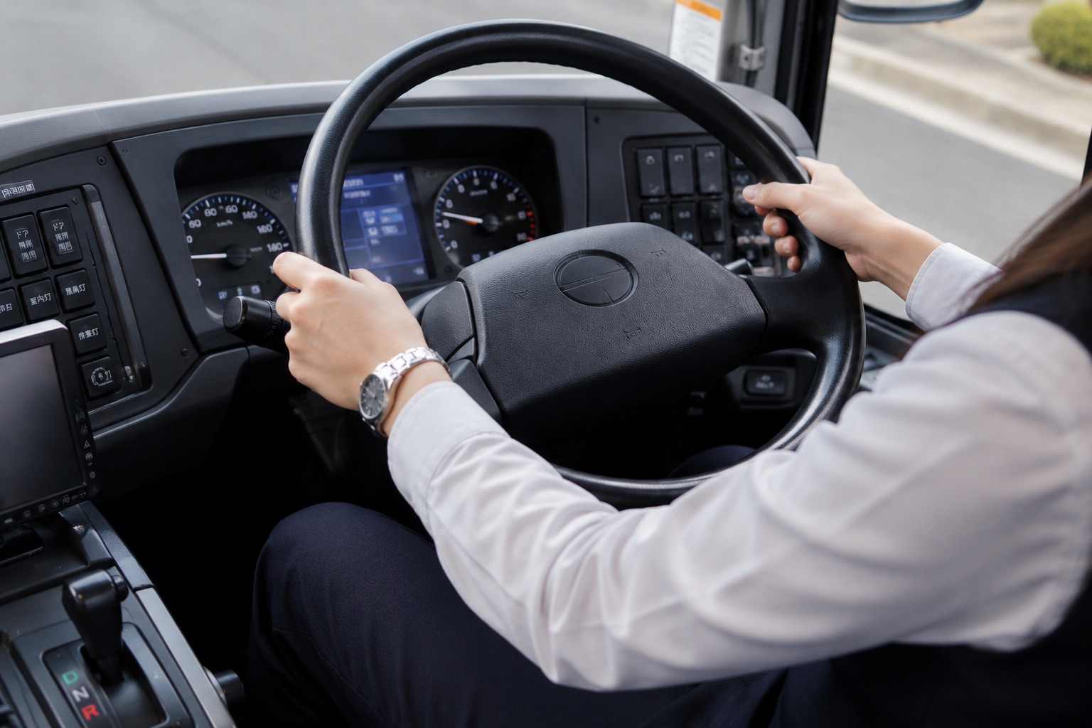 現役バス運転士がハンドルを握る様子