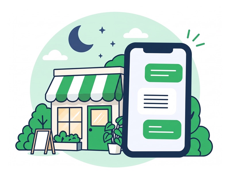 夜空に月が浮かぶお店の横で、スマホの画面に緑の吹き出しでお返事が届いているイラスト