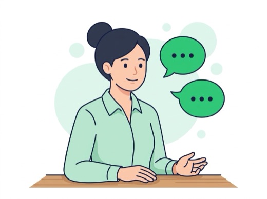吹き出しを浮かべながら、お客様のお話を聞いている女性のイラスト