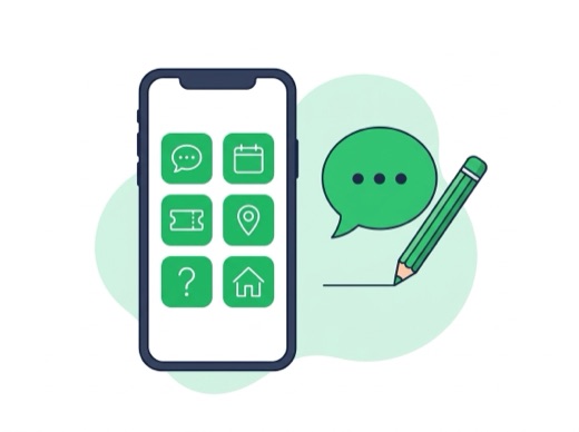 メニューのボタンが並んだスマホ画面と、吹き出し・ペンのイラスト