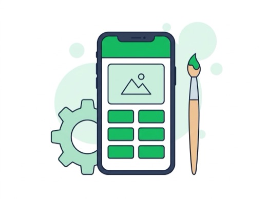 歯車と筆を添えた、デザイン中のスマホ画面のイラスト
