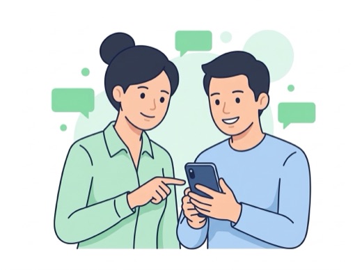 スマホの画面を見せながら、使い方を説明している2人のイラスト