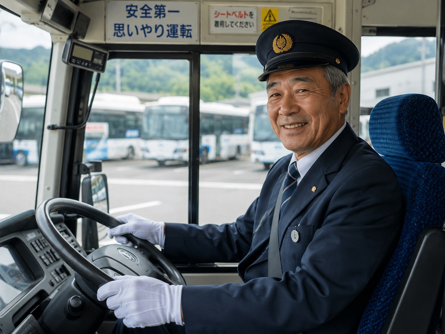 笑顔でハンドルを握る、白手袋姿のベテランバス運転手
