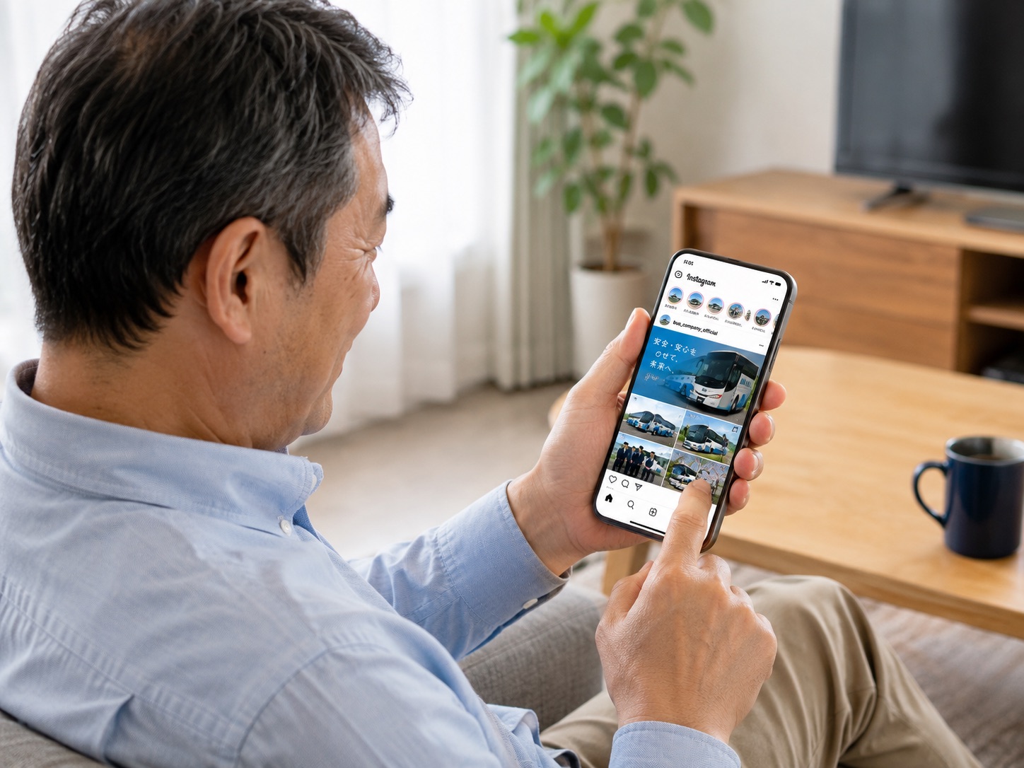 自宅でバス会社のInstagramをスマートフォンで見る男性