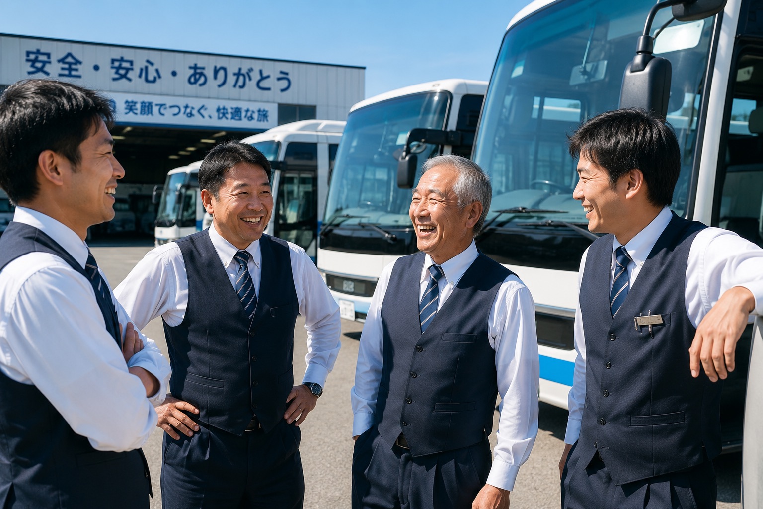 バス車庫の前で笑顔で談笑する、ベテランから若手までのバス会社スタッフ